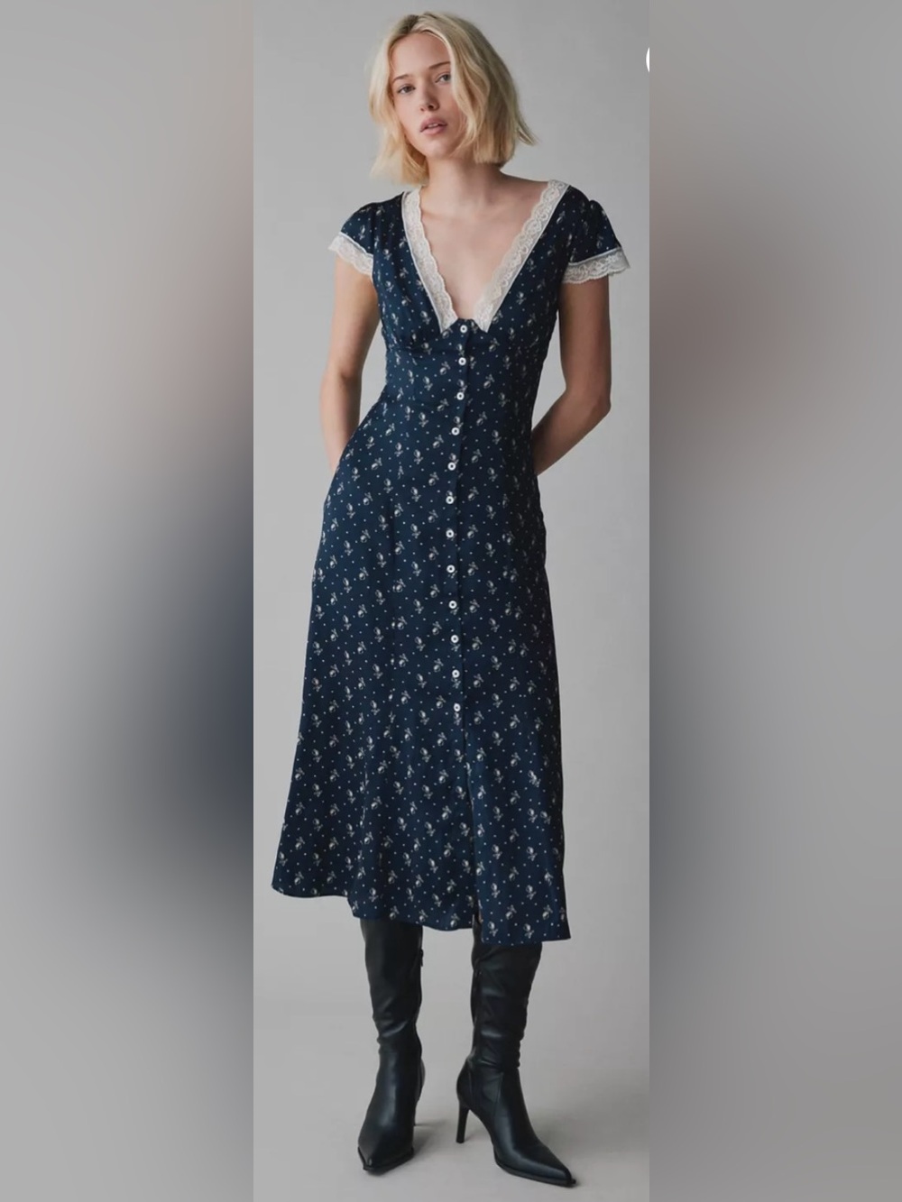 Kimchi Blue Navy Lace-Trim Button-Front Midi Dress - Picture 2 of 8
